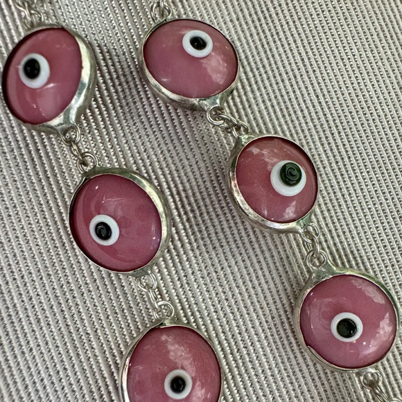 Vintage Handmade Pink Evil Eye Bracelet Solid 925 Sterling Silver - Picture 6 of 8